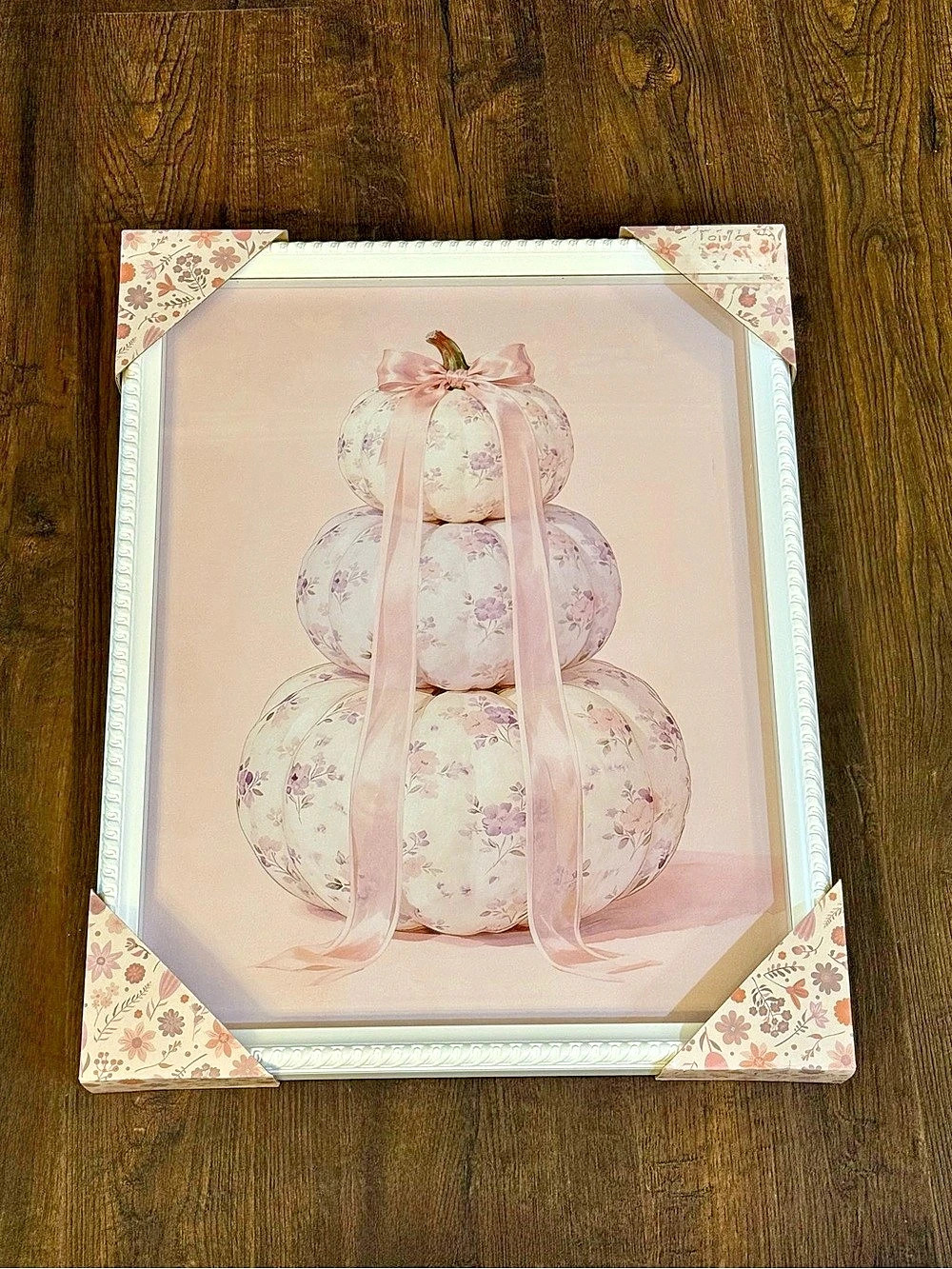 Pink Floral pumpkin framed wall decor pink bow